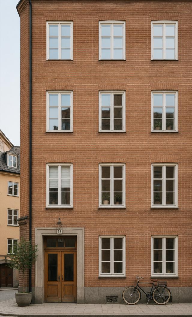 Klassisk svensk flerbostadsfastighet i mjukt dagsljus